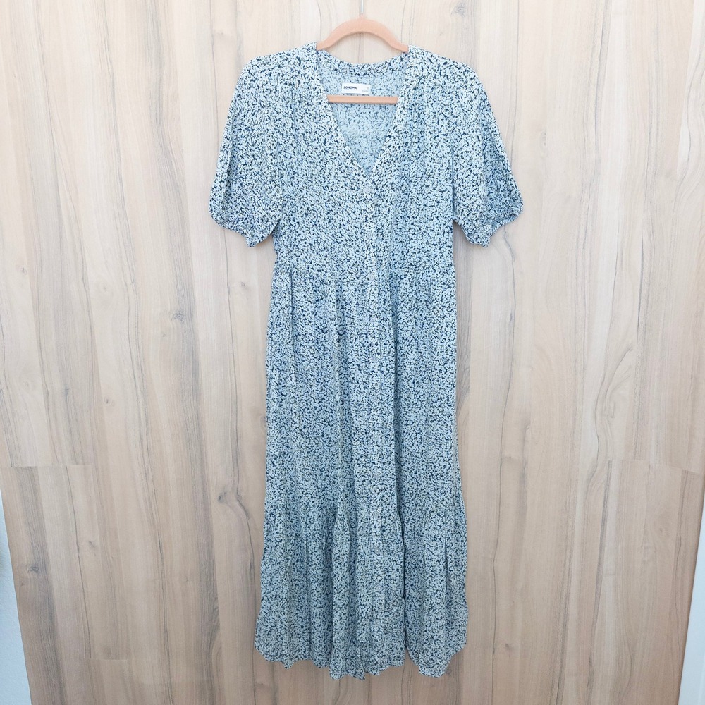 Womens Floral Linen Blend Maxi Dress S Blue Button Front Cottage Prairie Summer